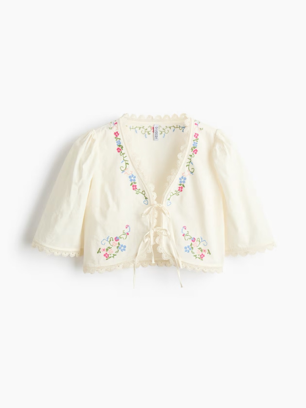 H&M Cream Embroidered Tie-Front Blouse with Pink & Blue Florals